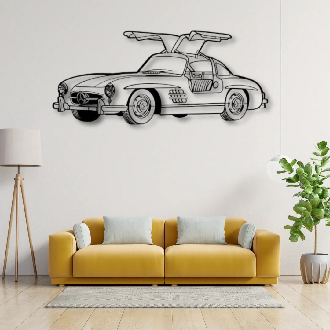 Mercedes-Benz 300SL Gullwing metal wall art, sleek black outline.