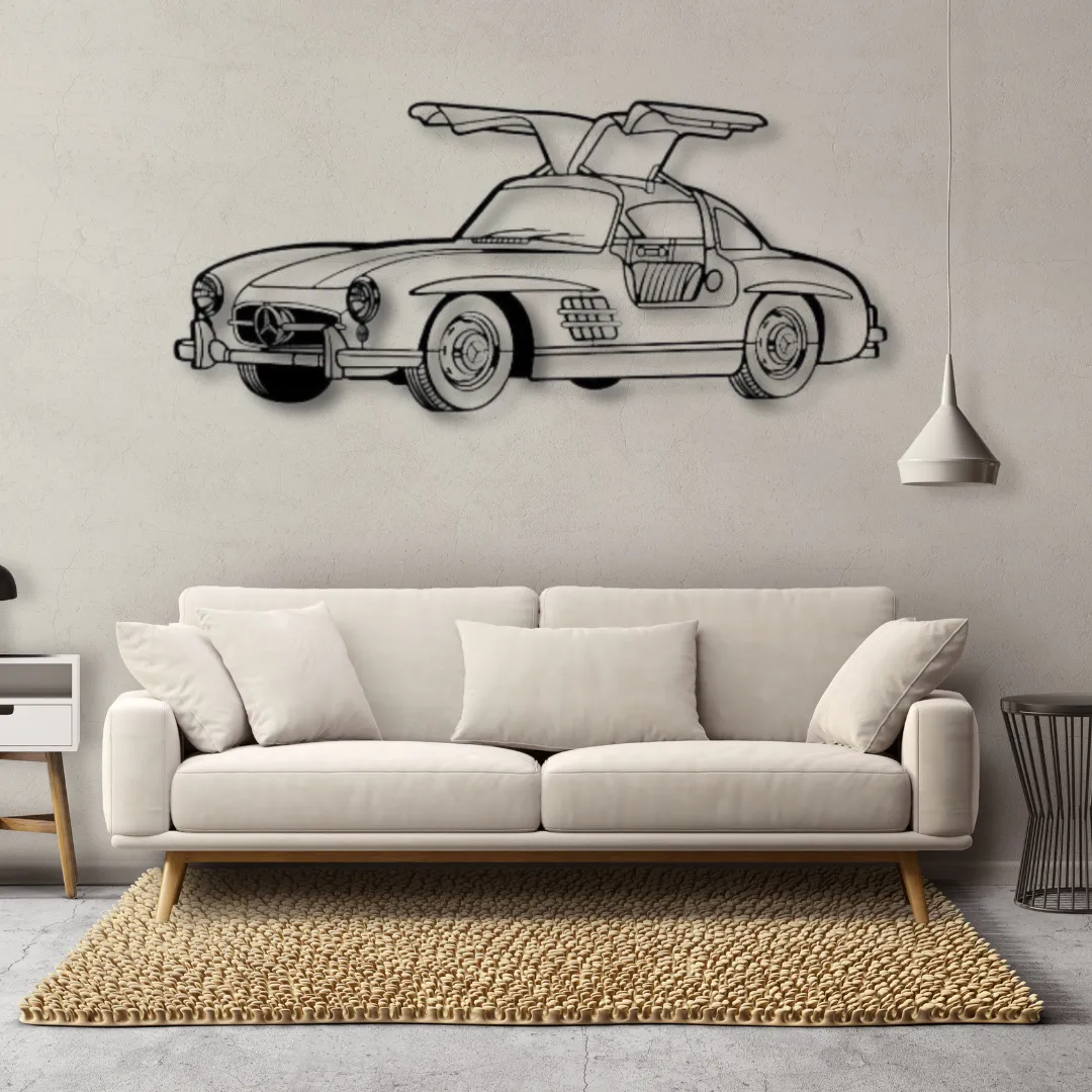 Classic Mercedes 300SL Gullwing car outline on a white wall.