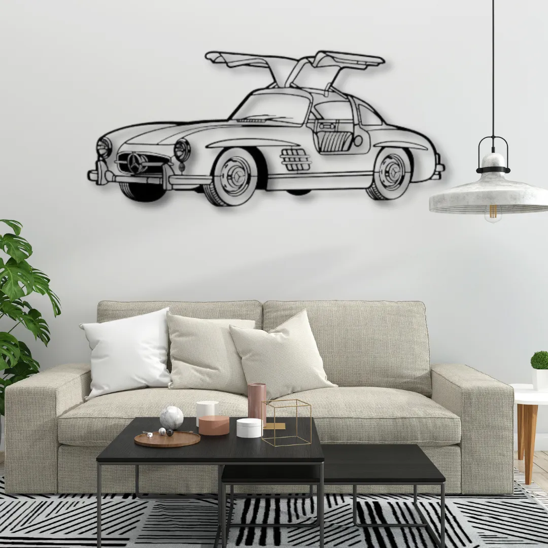 Custom car metal art of the iconic 300SL Gullwing design.