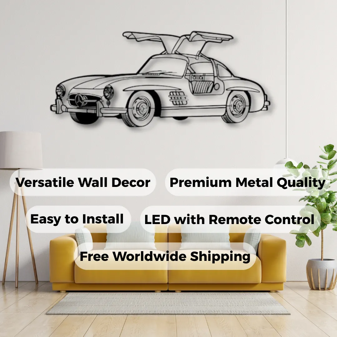 Metal wall art featuring the Mercedes-Benz 300SL in minimalist style.
