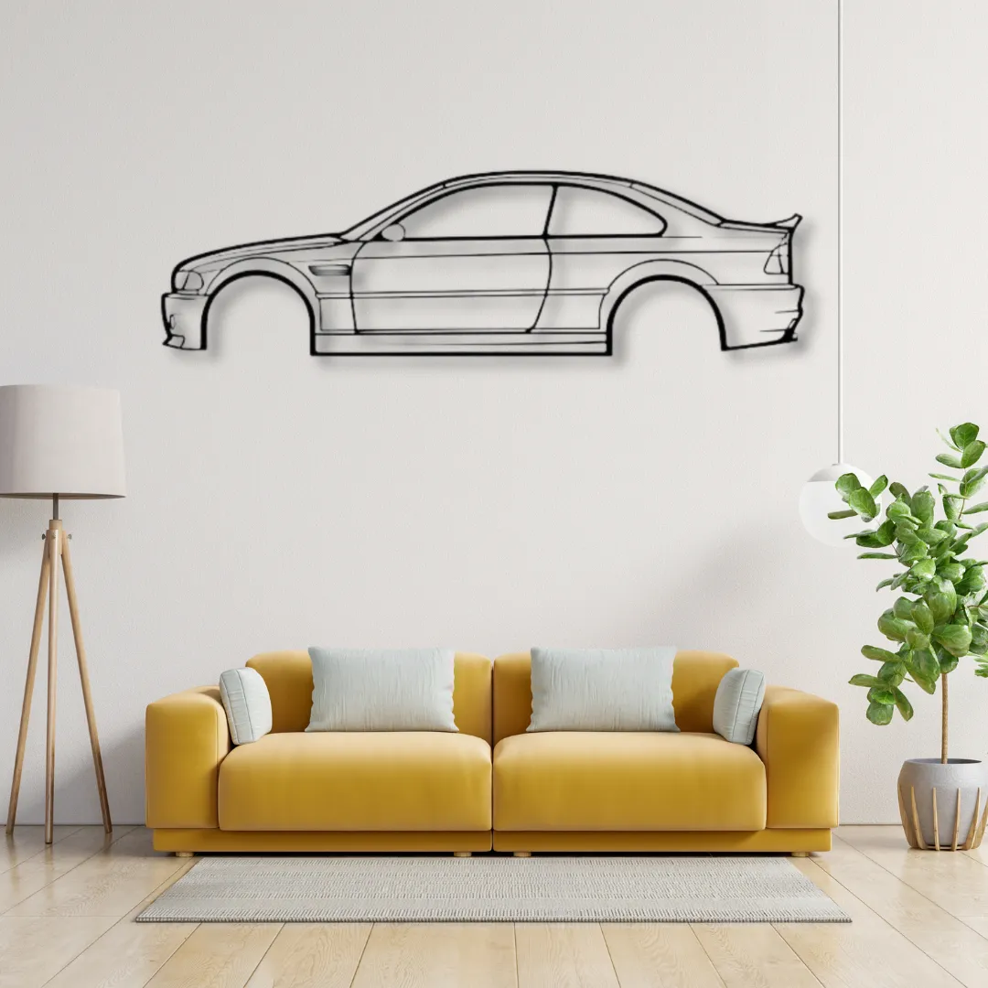 BMW M3 side profile custom metal wall art in black outline.