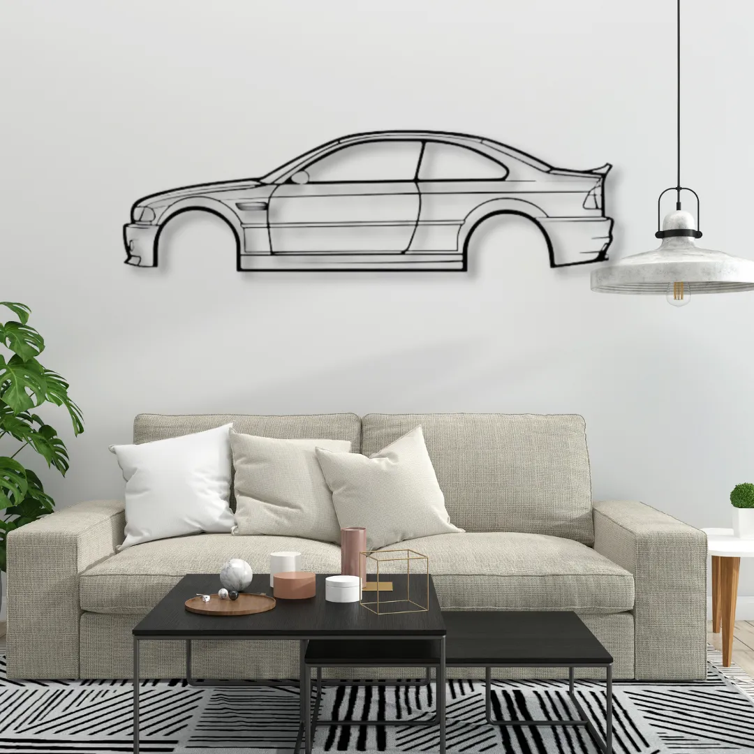 Side view of BMW M3 in sleek metal wall art for car lovers.