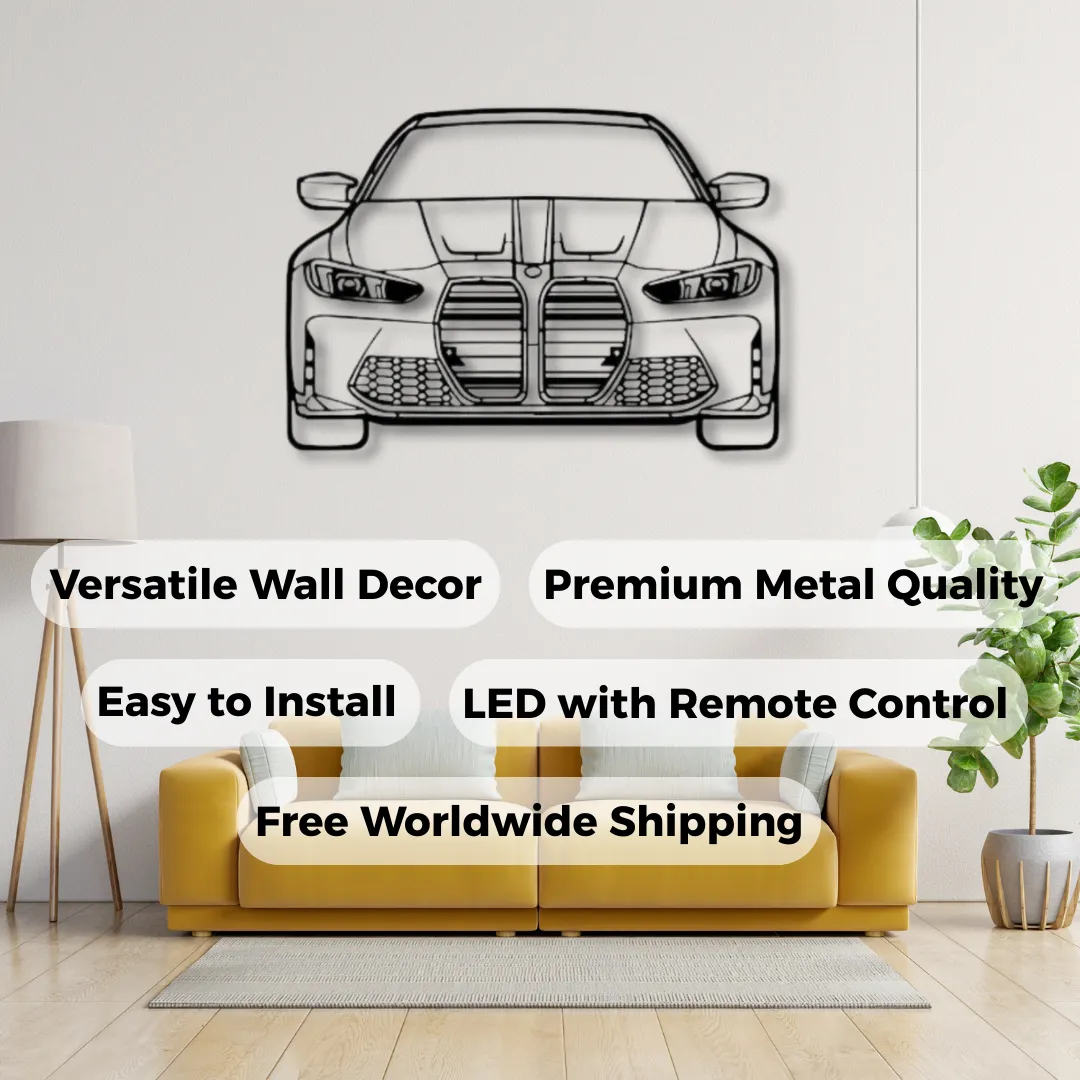 Sleek black BMW M4 custom car metal art on a white wall.