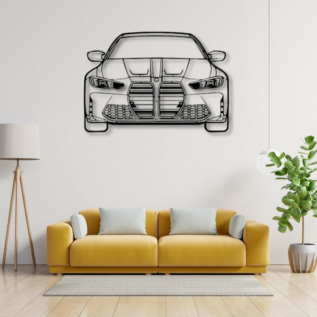 BMW M4 front profile custom metal wall art in black outline.