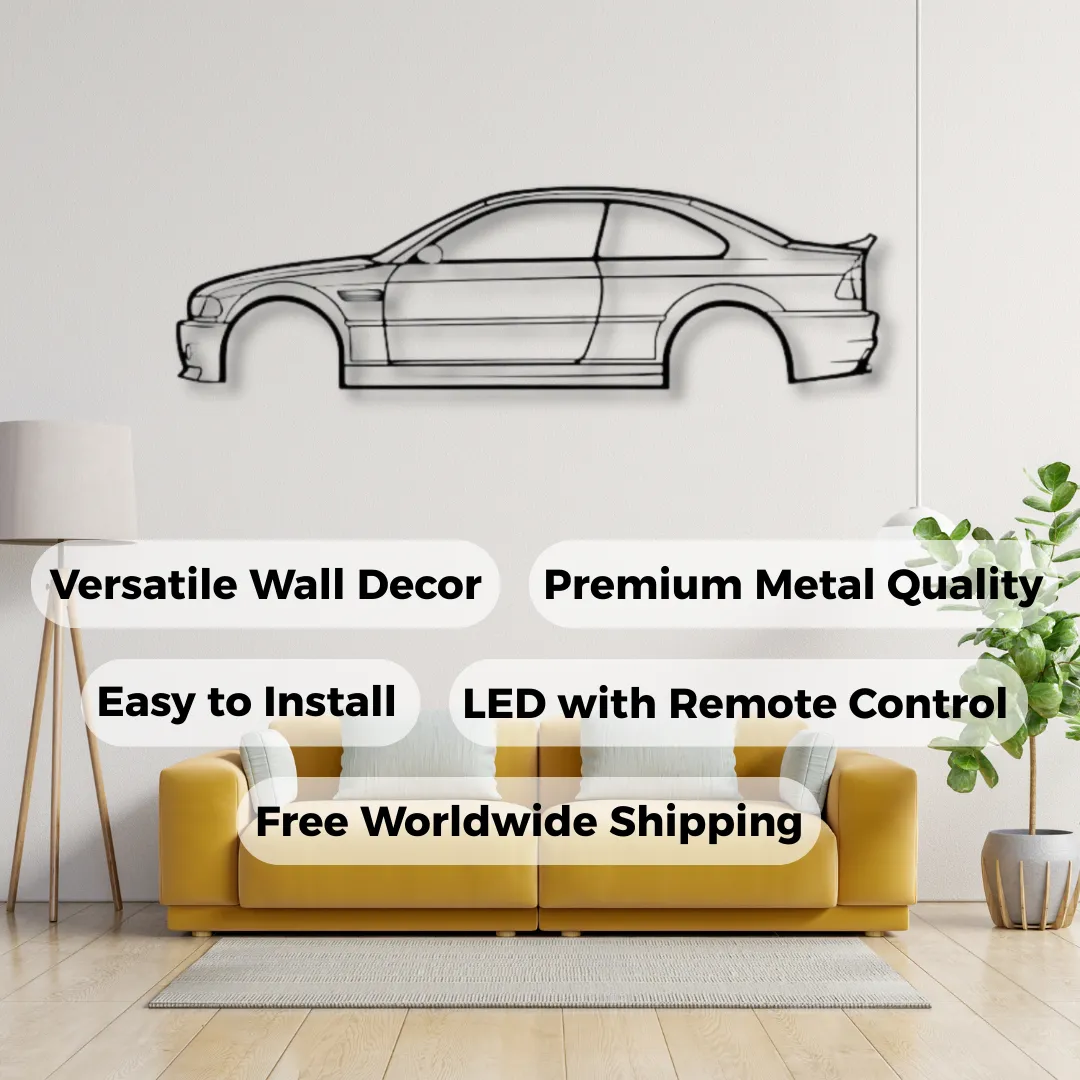 Minimalist BMW M3 outline in metal wall art.