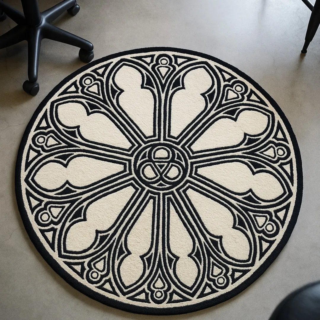 Cathedral-inspired tattoo rug with a round, geometric design.