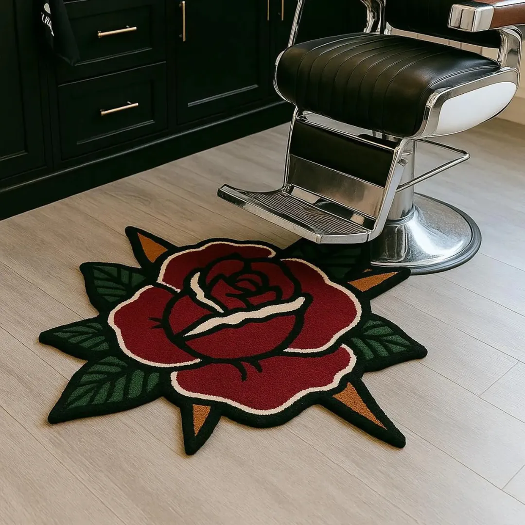 Tattoo-inspired rug featuring a red rose and black outline.