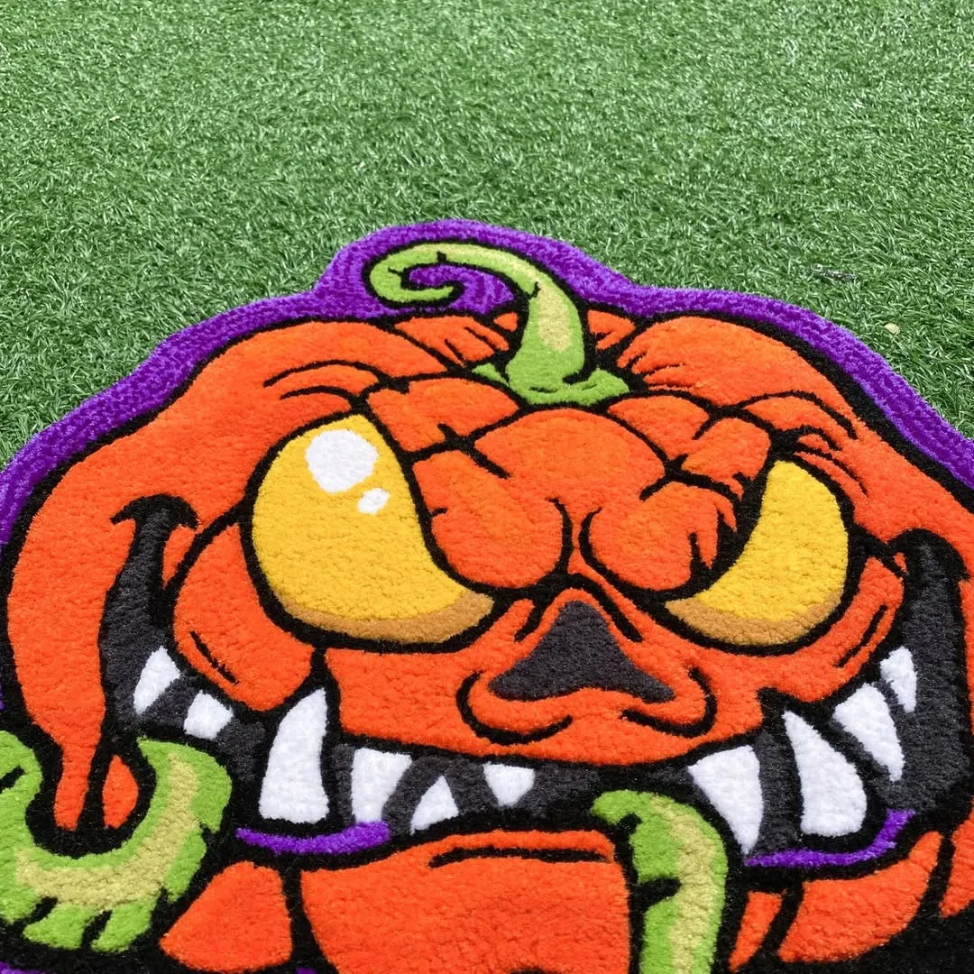 Mischievous pumpkin with purple border Halloween rug