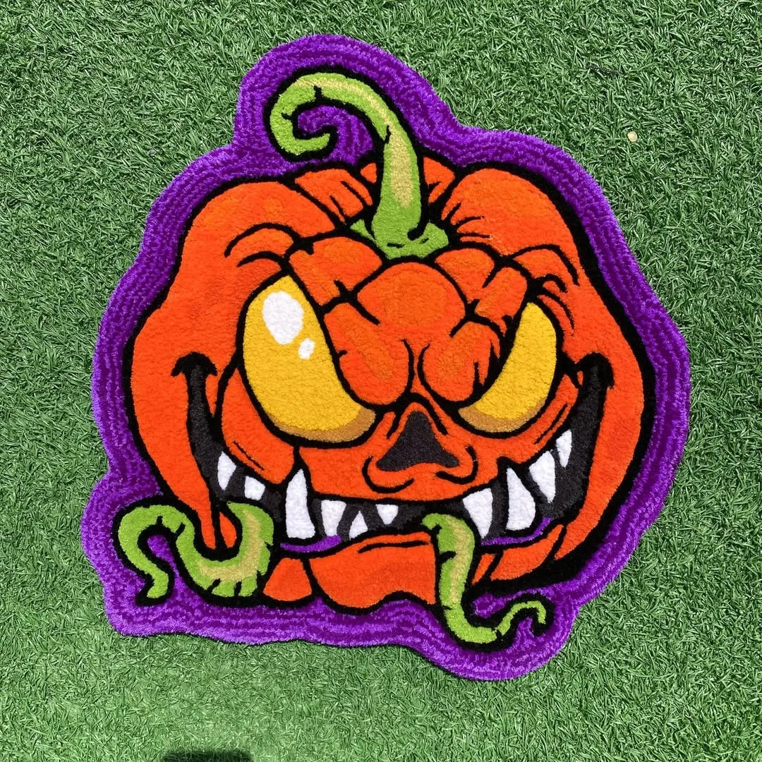 Halloween pumpkin rug with an evil face design