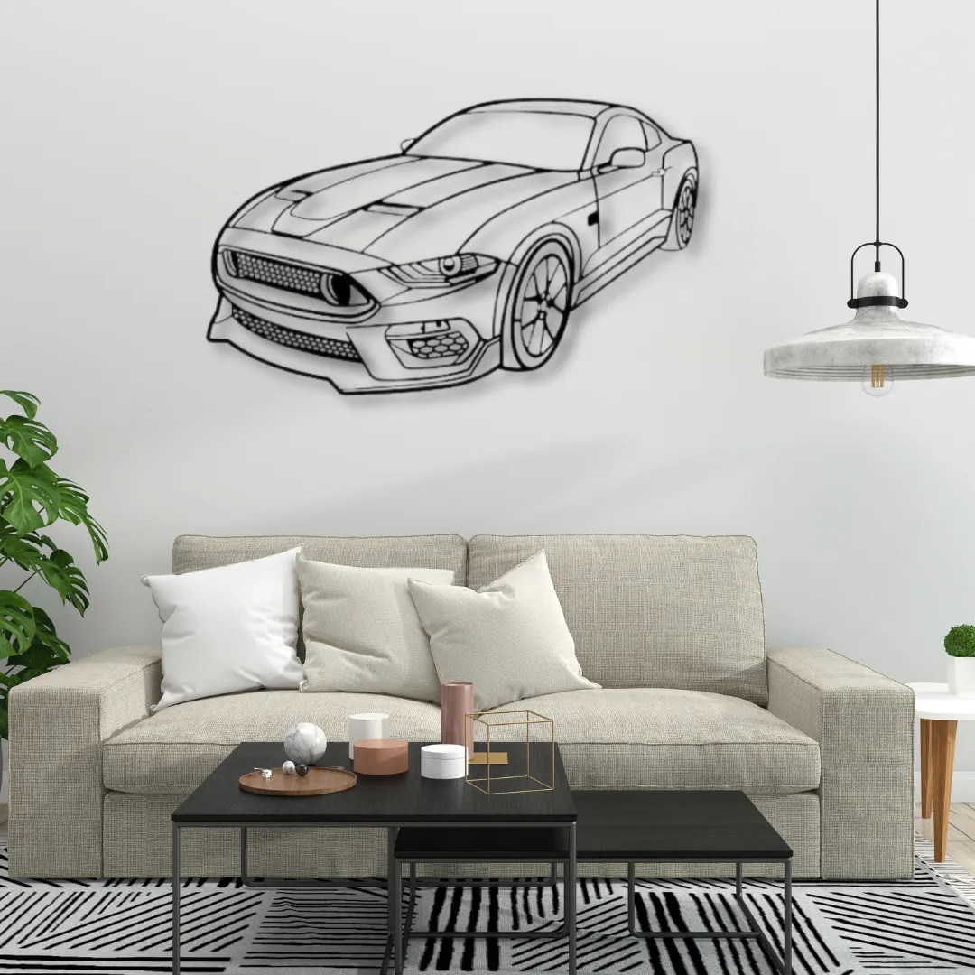 Ford Mustang GT Sleek black Mustang GT metal wall art on white background.