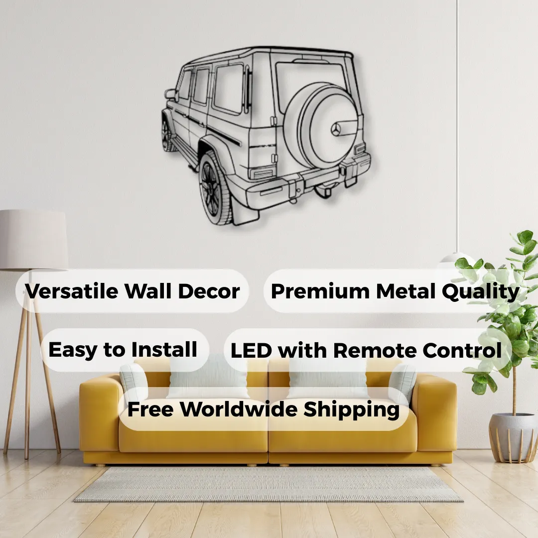 Custom metal sign featuring rear view of Mercedes G-Wagon.