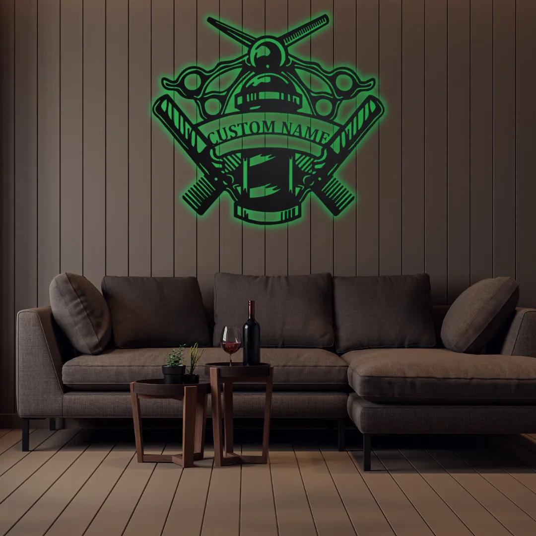 Black metal barber-inspired wall hanging with custom name.