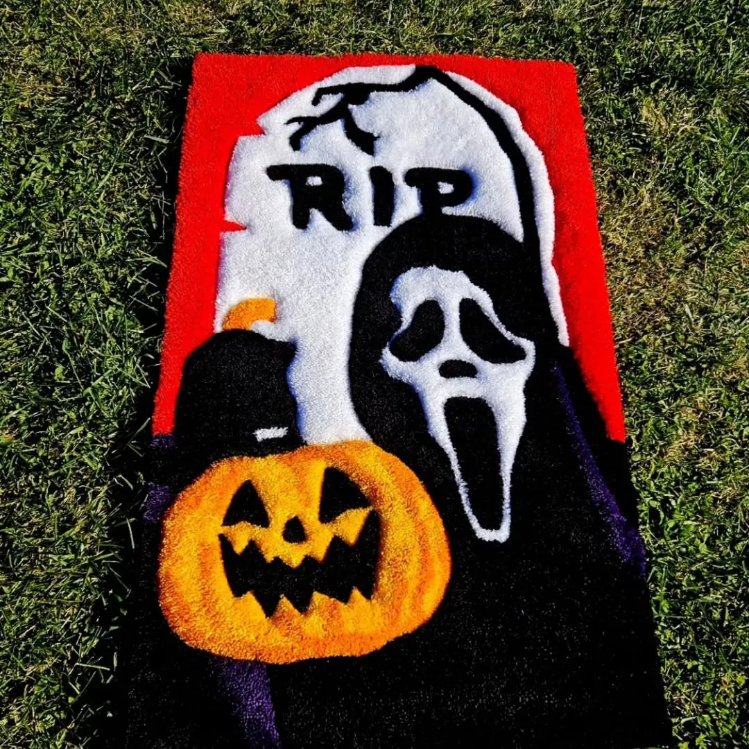 Handcrafted Halloween rug featuring a ghost and pumpkin