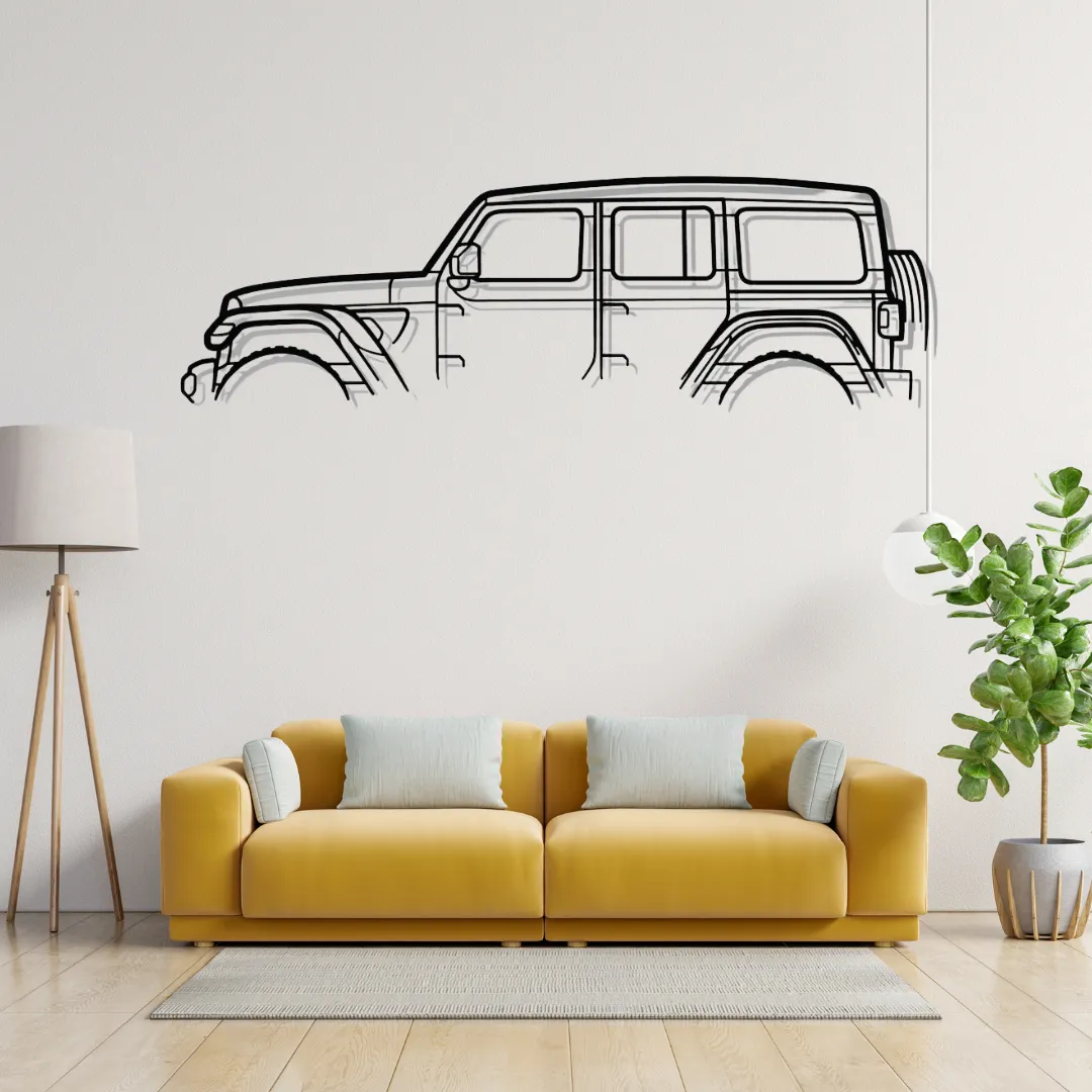 Jeep Wrangler metal wall art in matte black, off-road SUV silhouette decor above yellow sofa in modern living room.