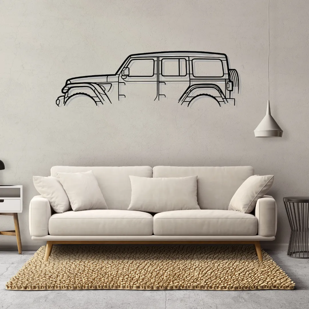 Jeep Wrangler metal wall art in matte black, off-road SUV silhouette decor above yellow sofa