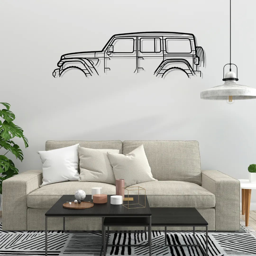 Jeep Wrangler metal wall art in matte black, off-road SUV silhouette decor above white sofa