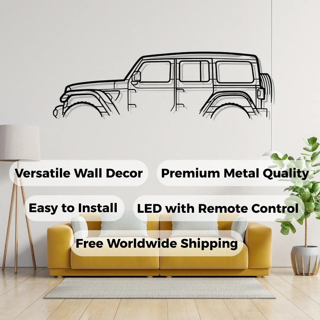 Features Jeep Wrangler metal wall art in matte black, off-road SUV silhouette decor above yellow sofa in modern living room.