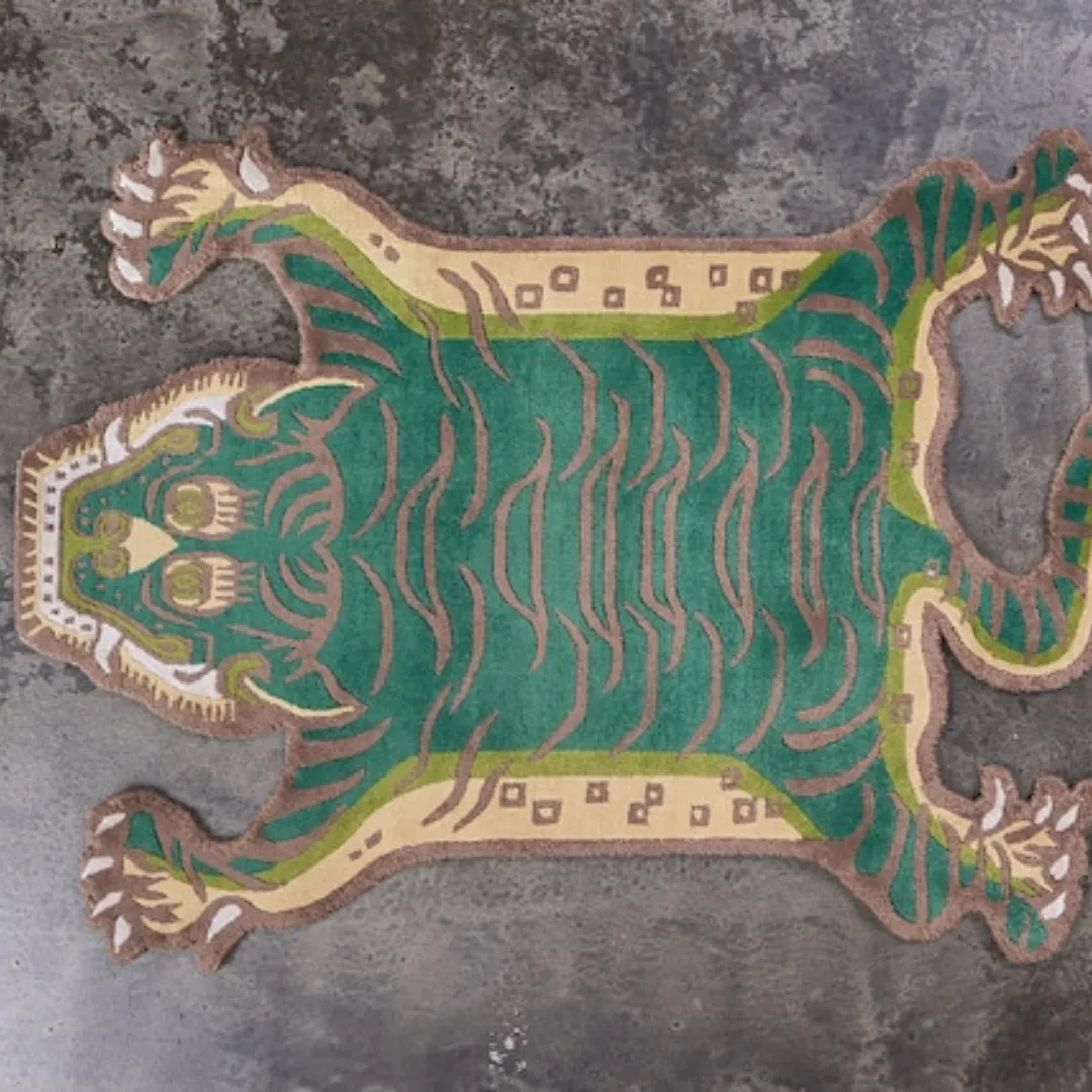 Bold green and beige tiger design with earthy tones.