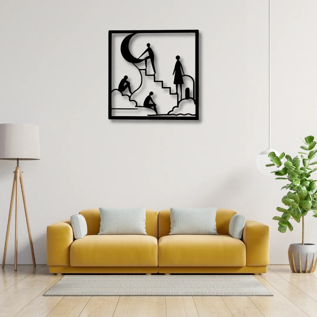 Stairway to the Moon metal wall decor above modern yellow sofa