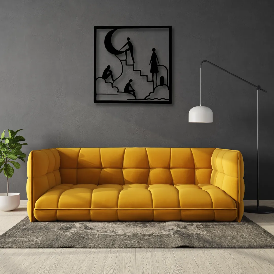 Abstract silhouettes climbing stairs to the moon black metal wall art