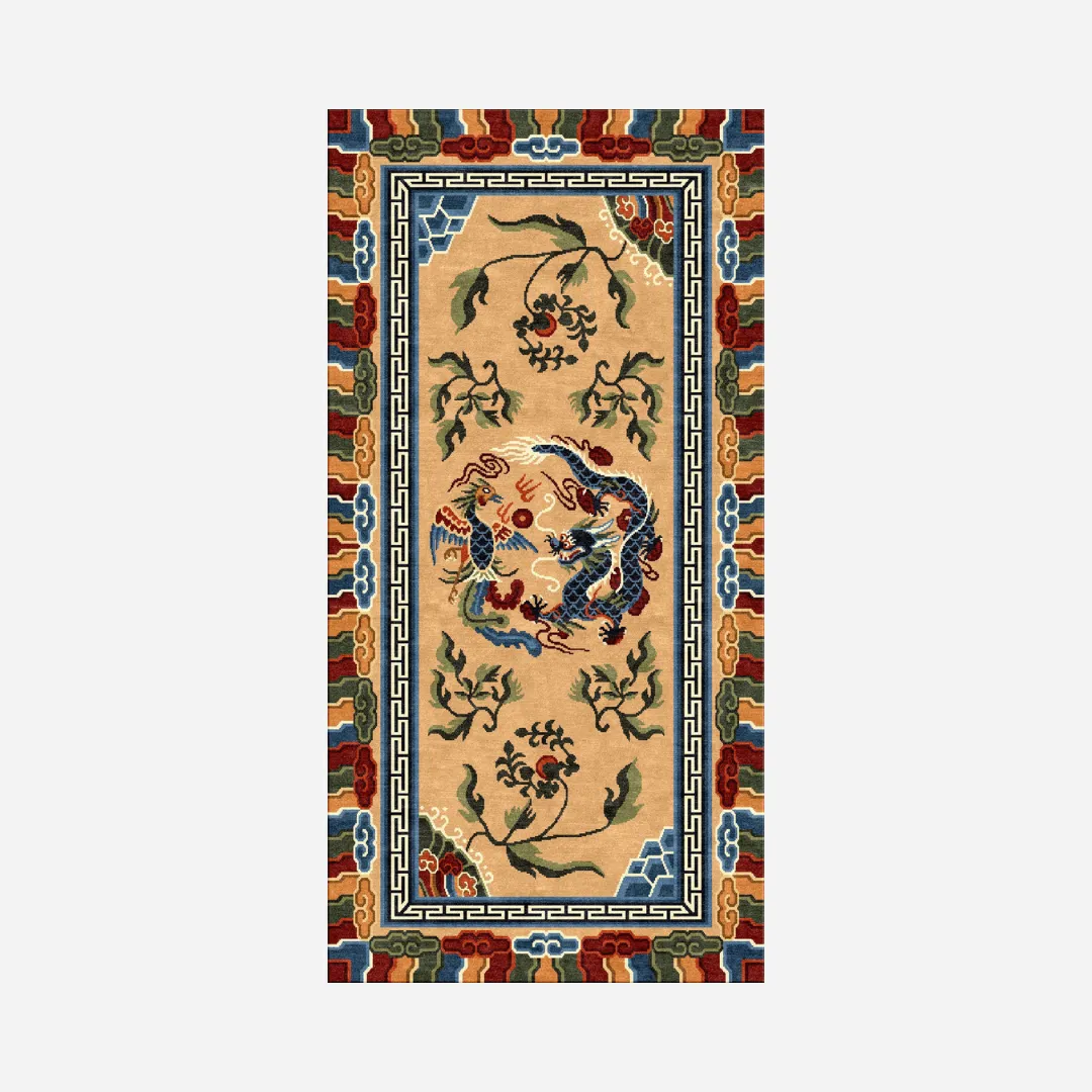 raditional Chinese dragon and phoenix design rug with colorful motifs.