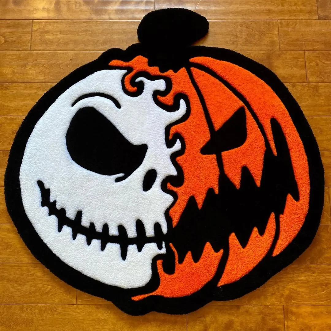 Handcrafted Halloween rug with pumpkin and skull design