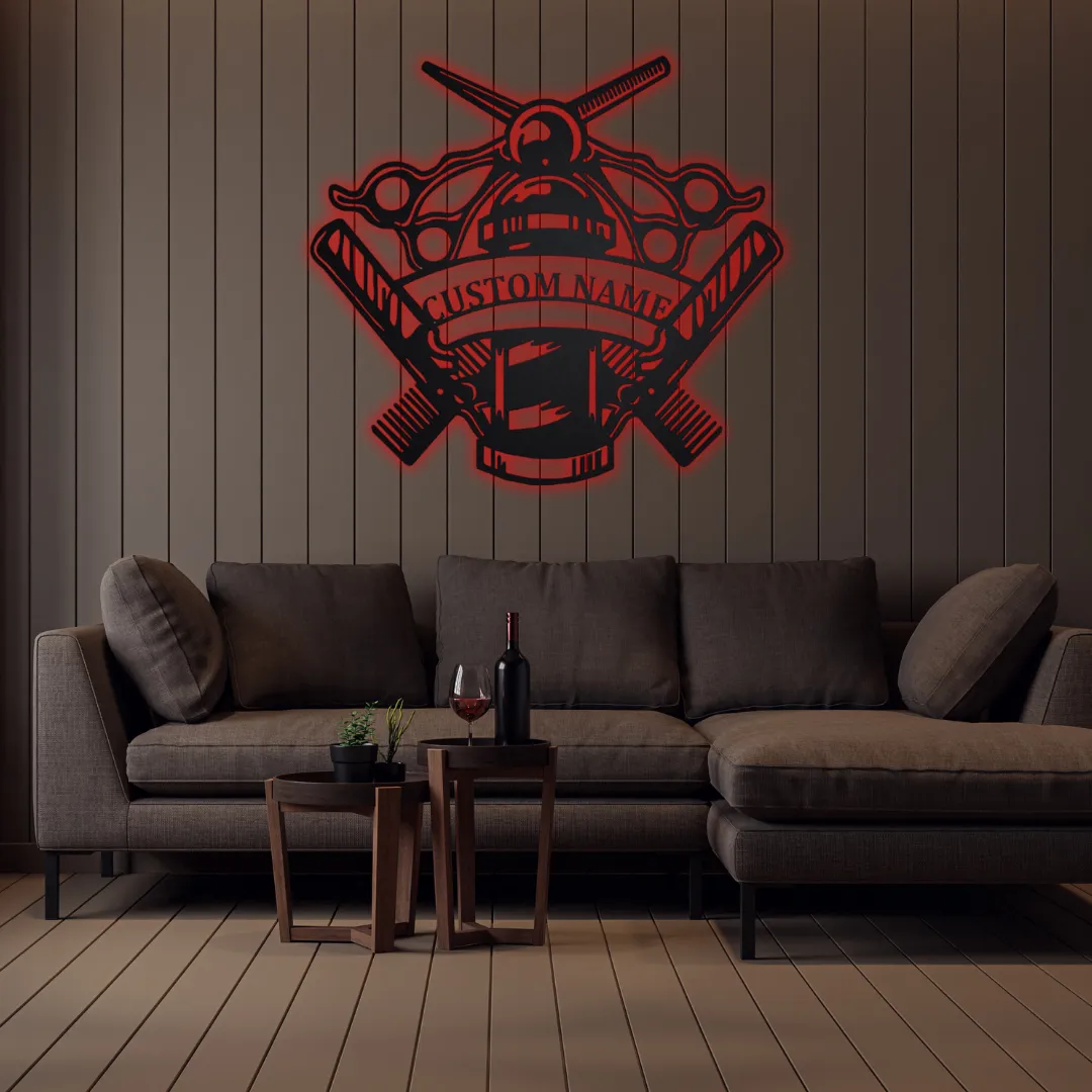 Industrial barbershop wall decor with professional tools design.