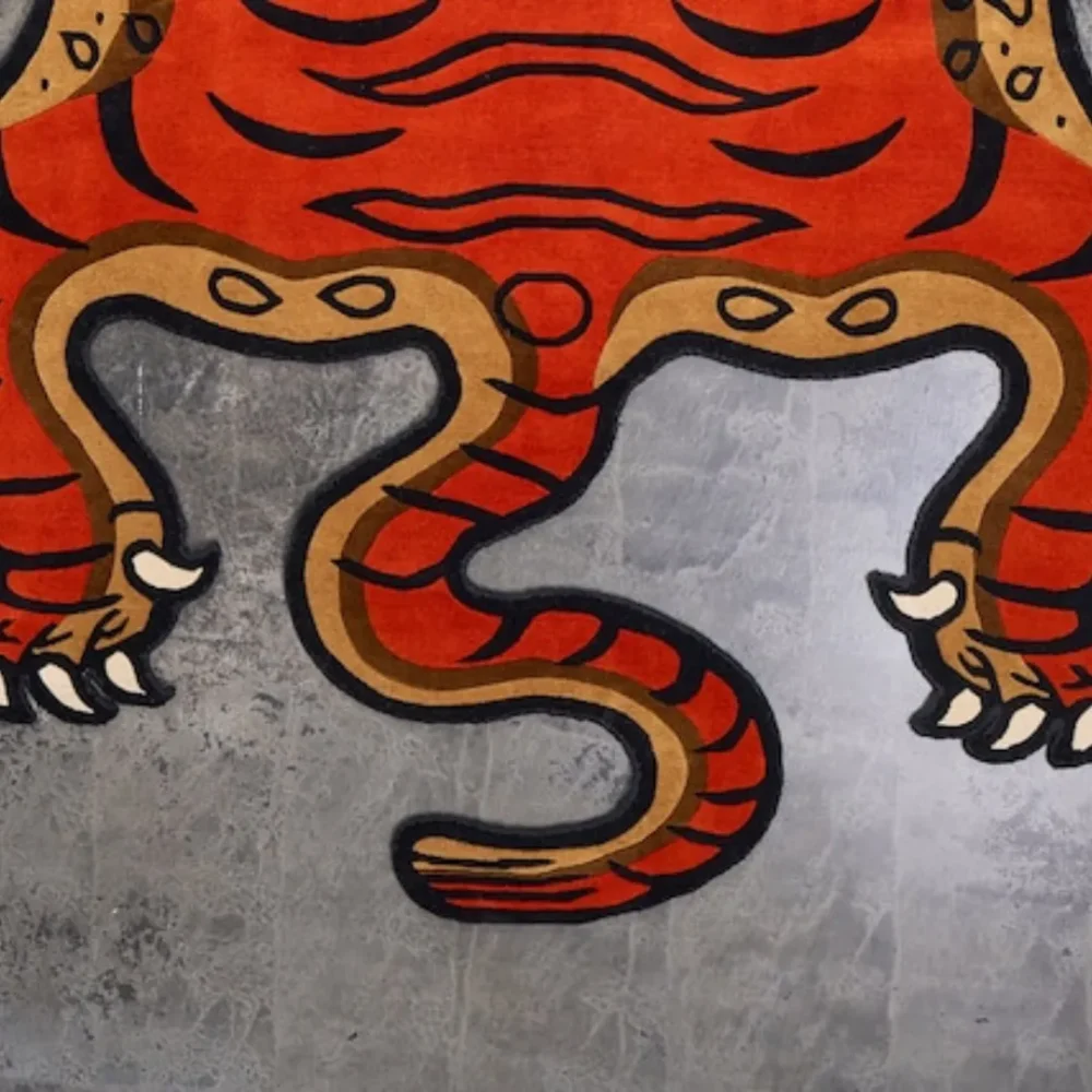 Close-up of the Bengal tiger rug with intricate detailing and vibrant colors