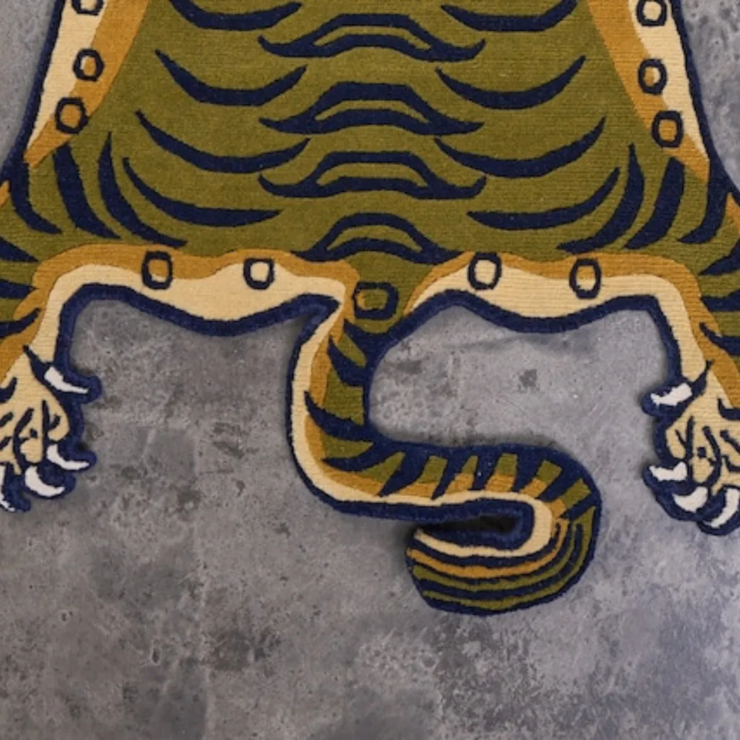 Traditional Tibetan-inspired tiger rug with playful and bold design