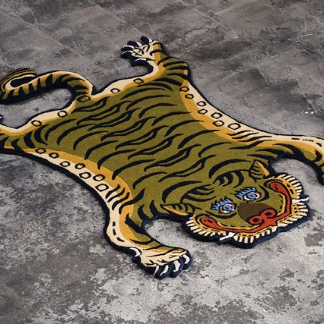 Handcrafted Green Tibetan Tiger Wool Rug featuring vibrant yellow and green tones