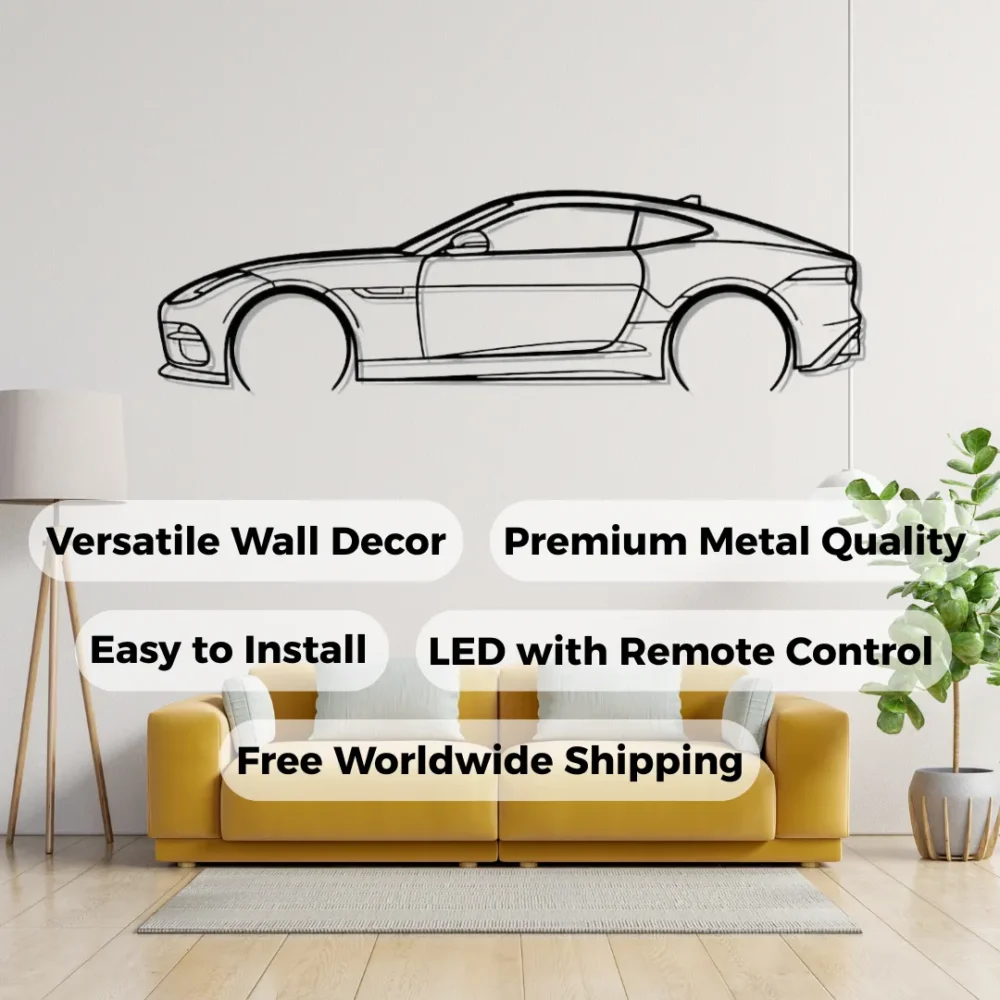 Features Sports car coupe metal wall art in matte black, luxury car silhouette decor above yellow sofa in modern living room.