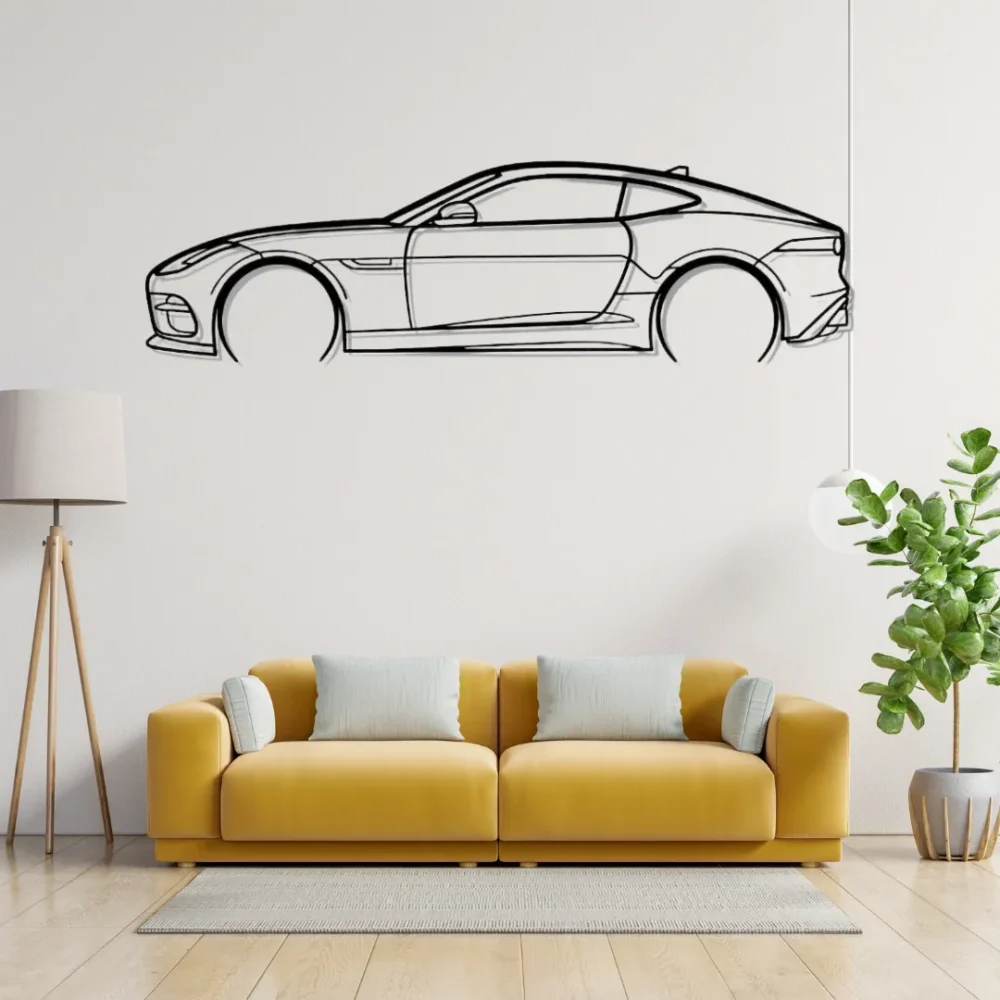 Sports car coupe metal wall art in matte black, luxury car silhouette decor above yellow sofa in modern living room.