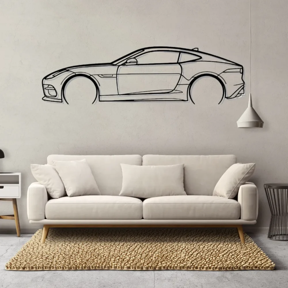 Sports car coupe metal wall art in matte black, luxury car silhouette decor above yellow sofa