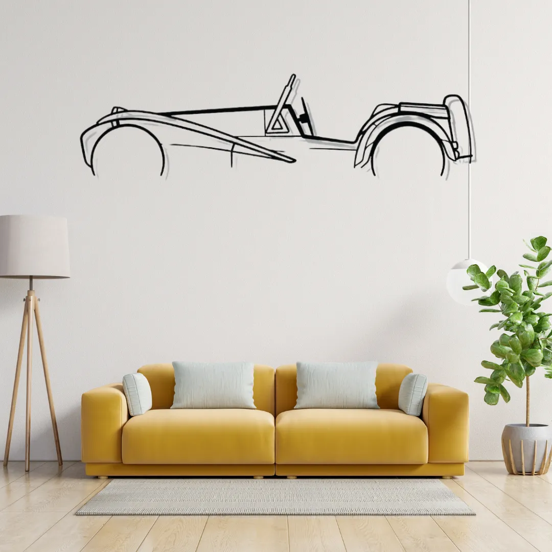 Vintage Roadster Silhouette Vintage Roadster Line Art Metal Wall Decor above yellow sofa