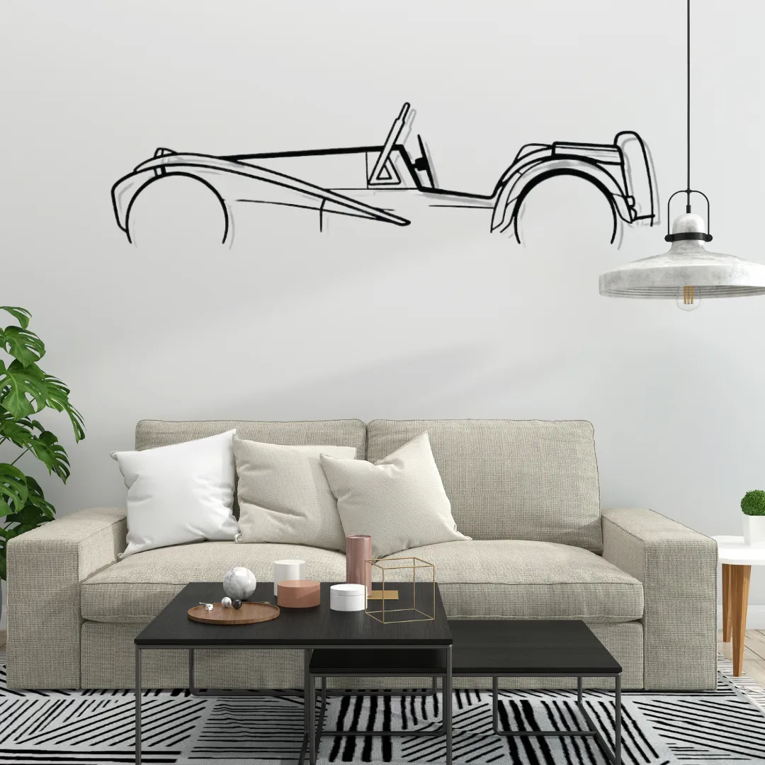 Vintage Roadster Classic car silhouette wall art in black metal above modern furniture