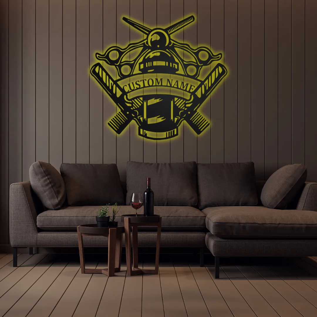 Yellow Industrial barbershop wall decor with professional tools design.