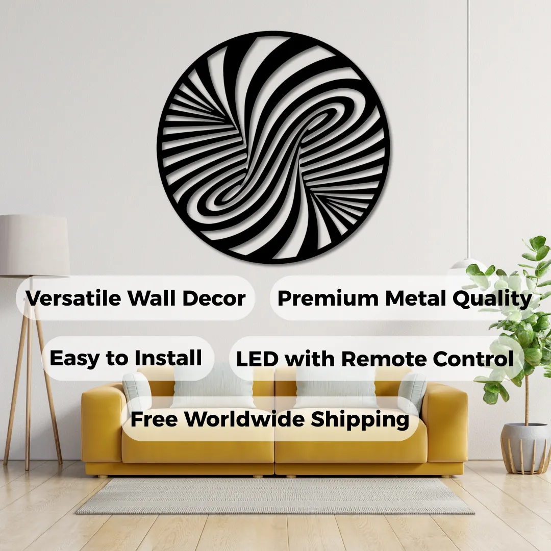 Abstract Spiral Silhouettes Features Abstract spiral metal wall art above modern yellow sofa.