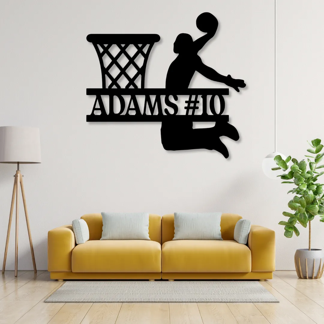 Basketball dunk metal wall art inspired by NBA with custom name and number