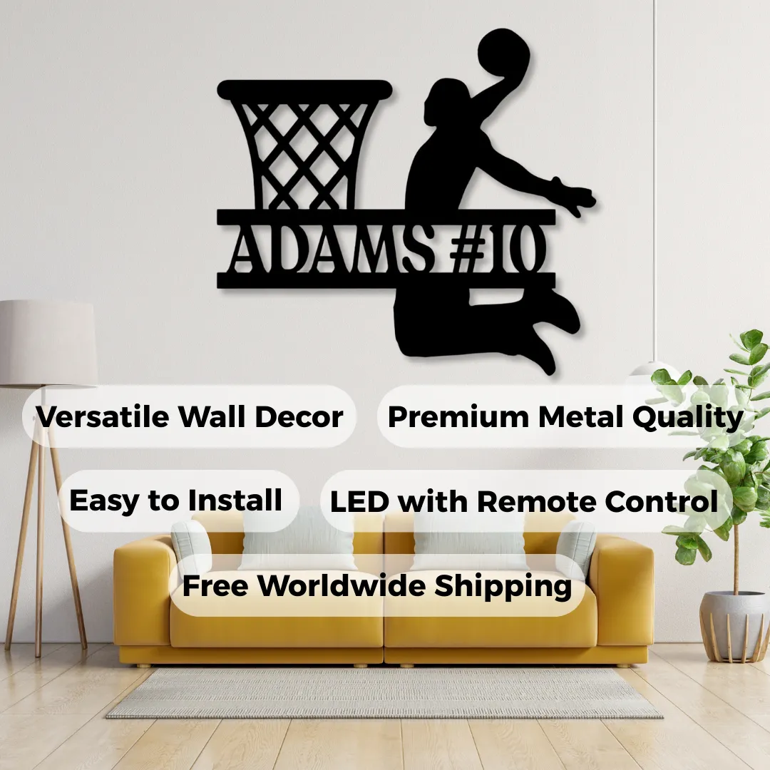 Personalized basketball slam dunk wall décor LED and non-LED