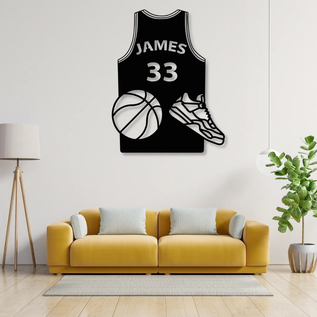 Basketball jersey metal wall art with custom name and number