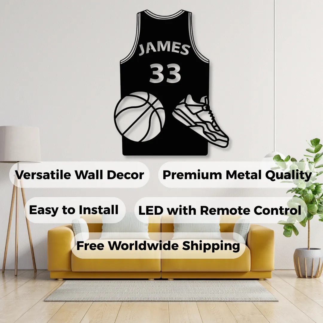 Personalized basketball jersey wall décor with sneakers and ball