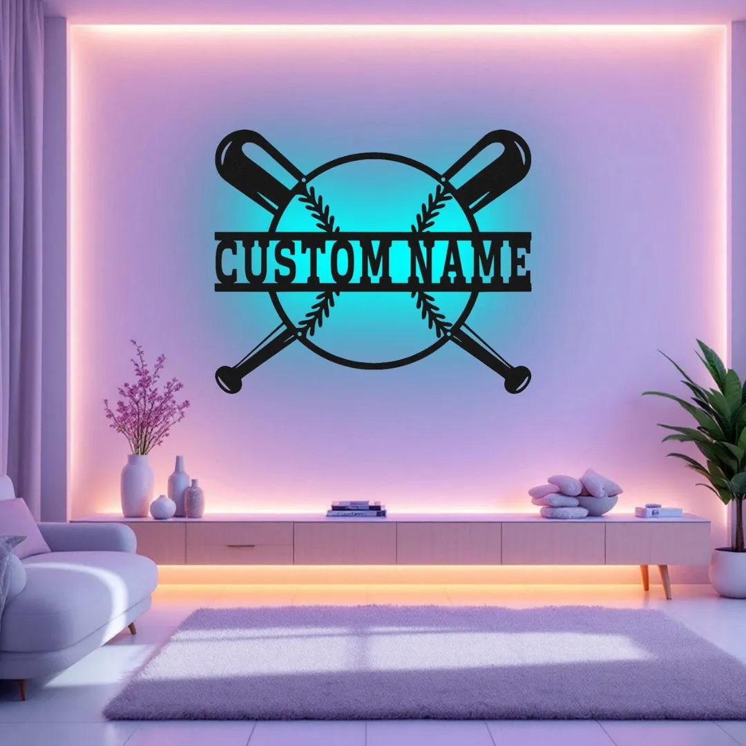 Custom baseball metal wall art with crossed bats