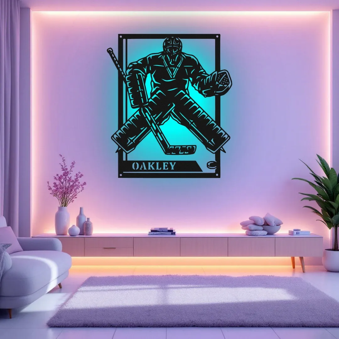 Hockey goalie stance metal wall art with custom name plate