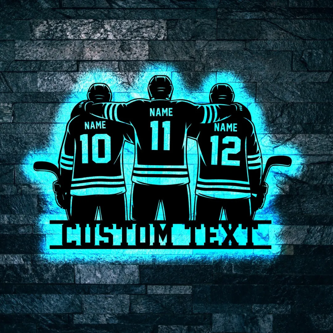 Blue Hockey Trio Silhouette Personalized hockey team wall décor with three players