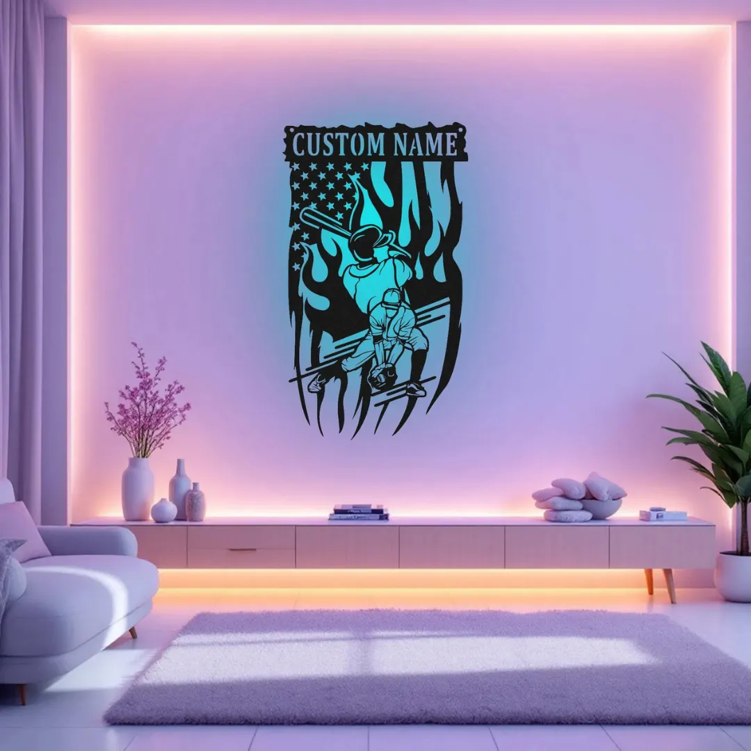 Baseball batter silhouette metal wall décor with U.S. flag