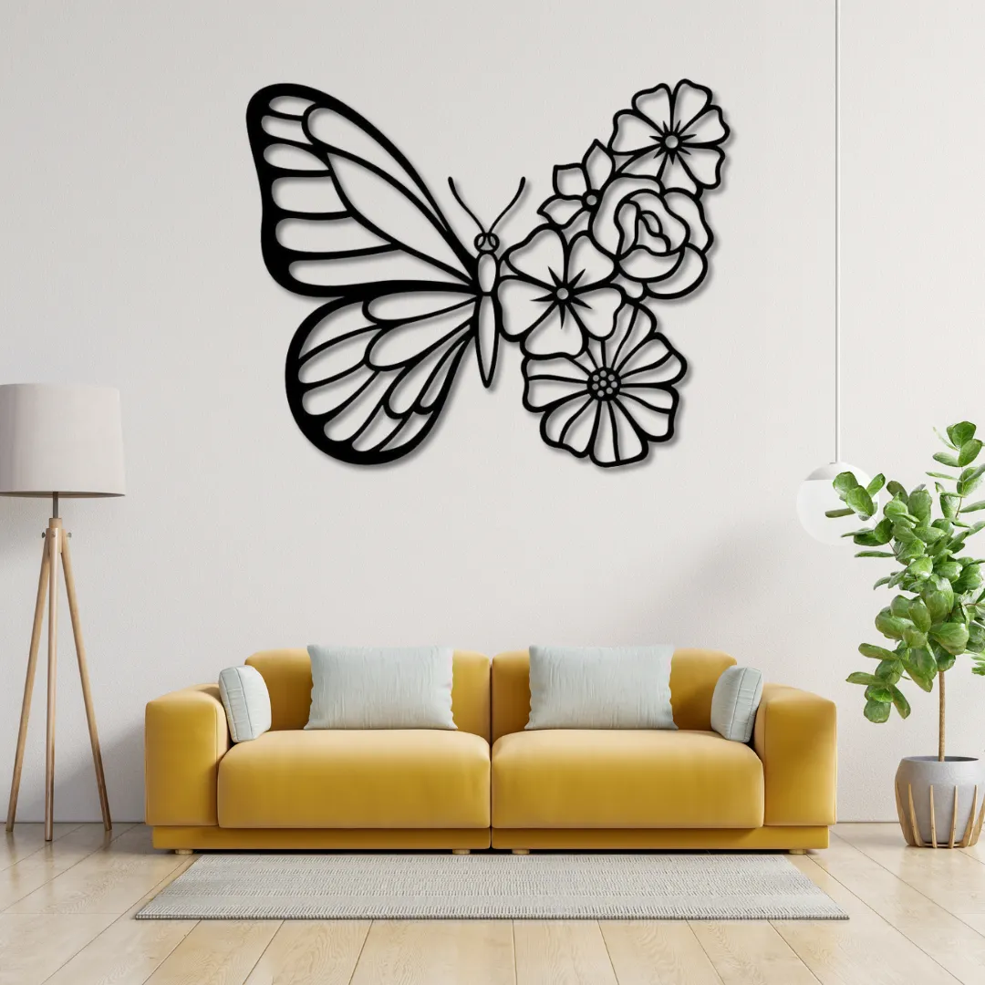Butterfly Bloom Silhouette Butterfly and floral metal wall art for home décor.