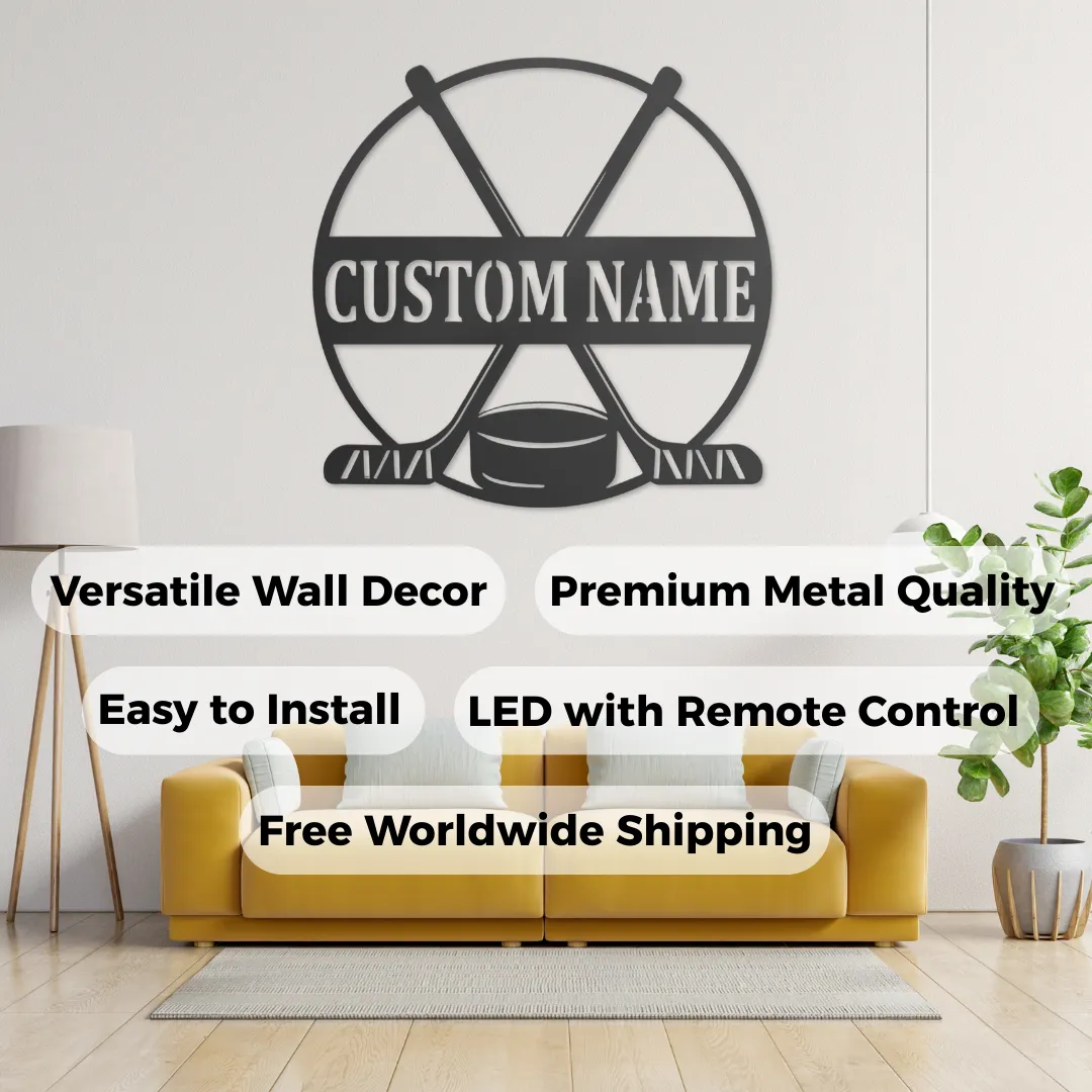 Black metal wall décor featuring hockey sticks and puck design
