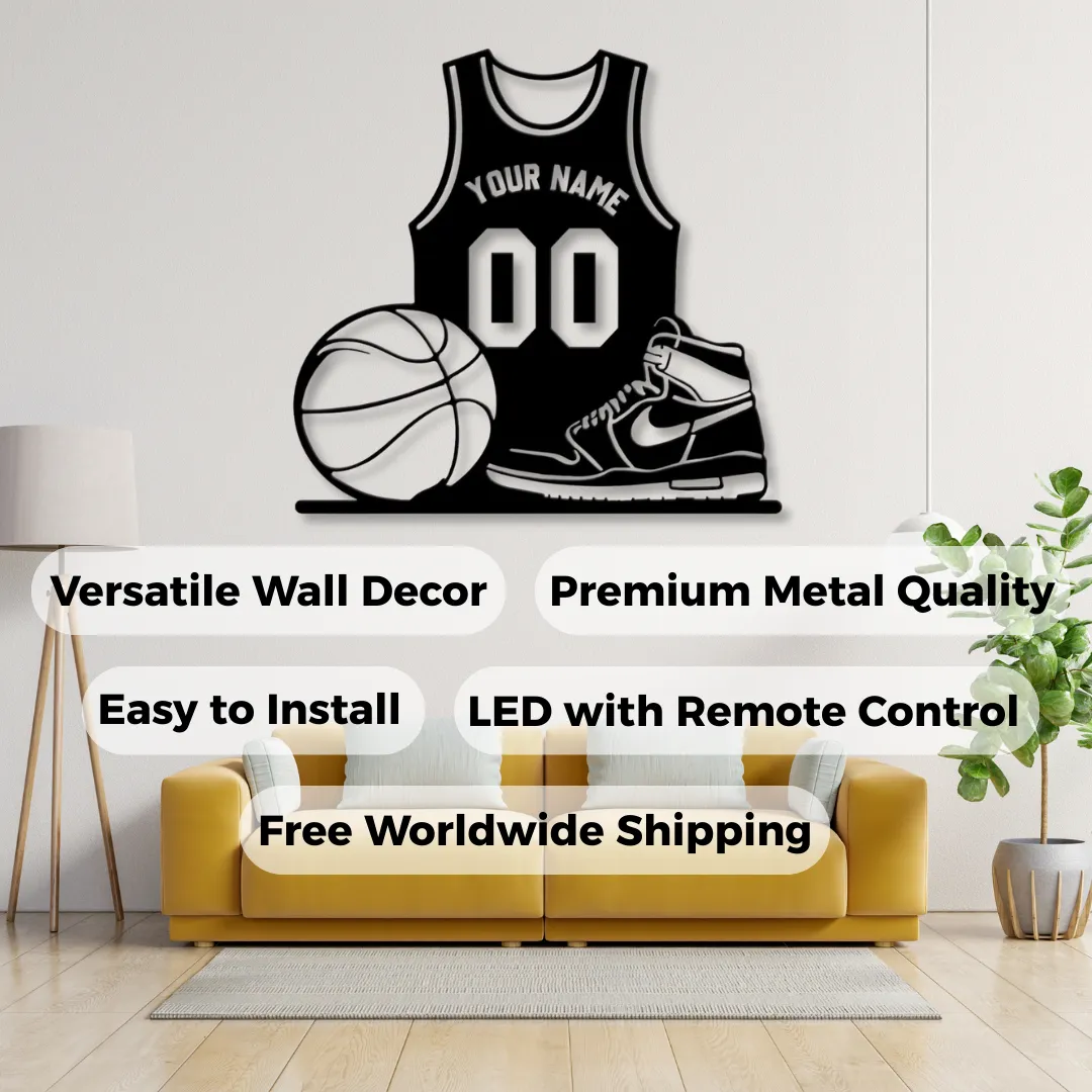 Basketball jersey silhouette wall décor with sneakers and ball