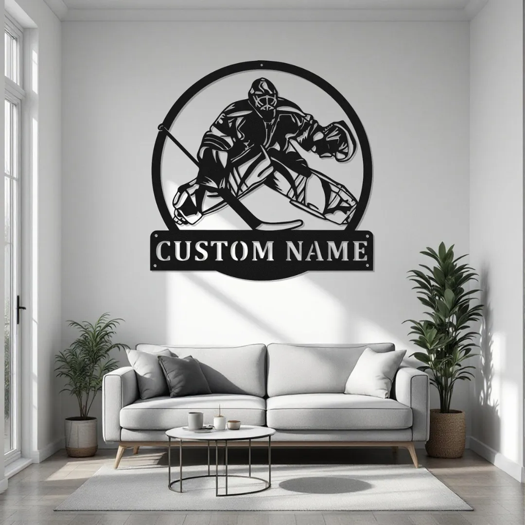 Hockey goalie metal wall art with custom name plate