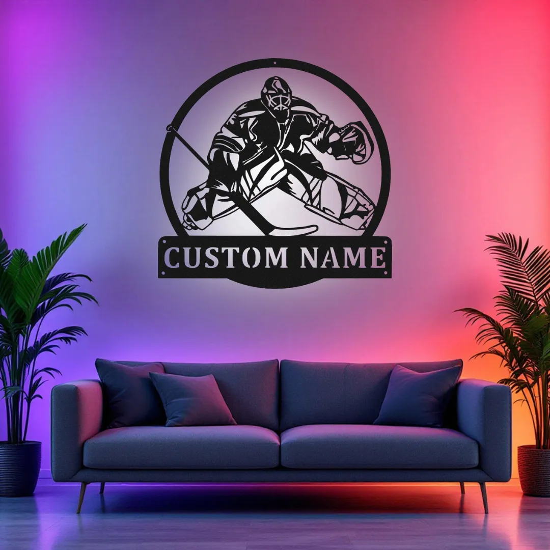 Personalized hockey goalie action pose wall décor